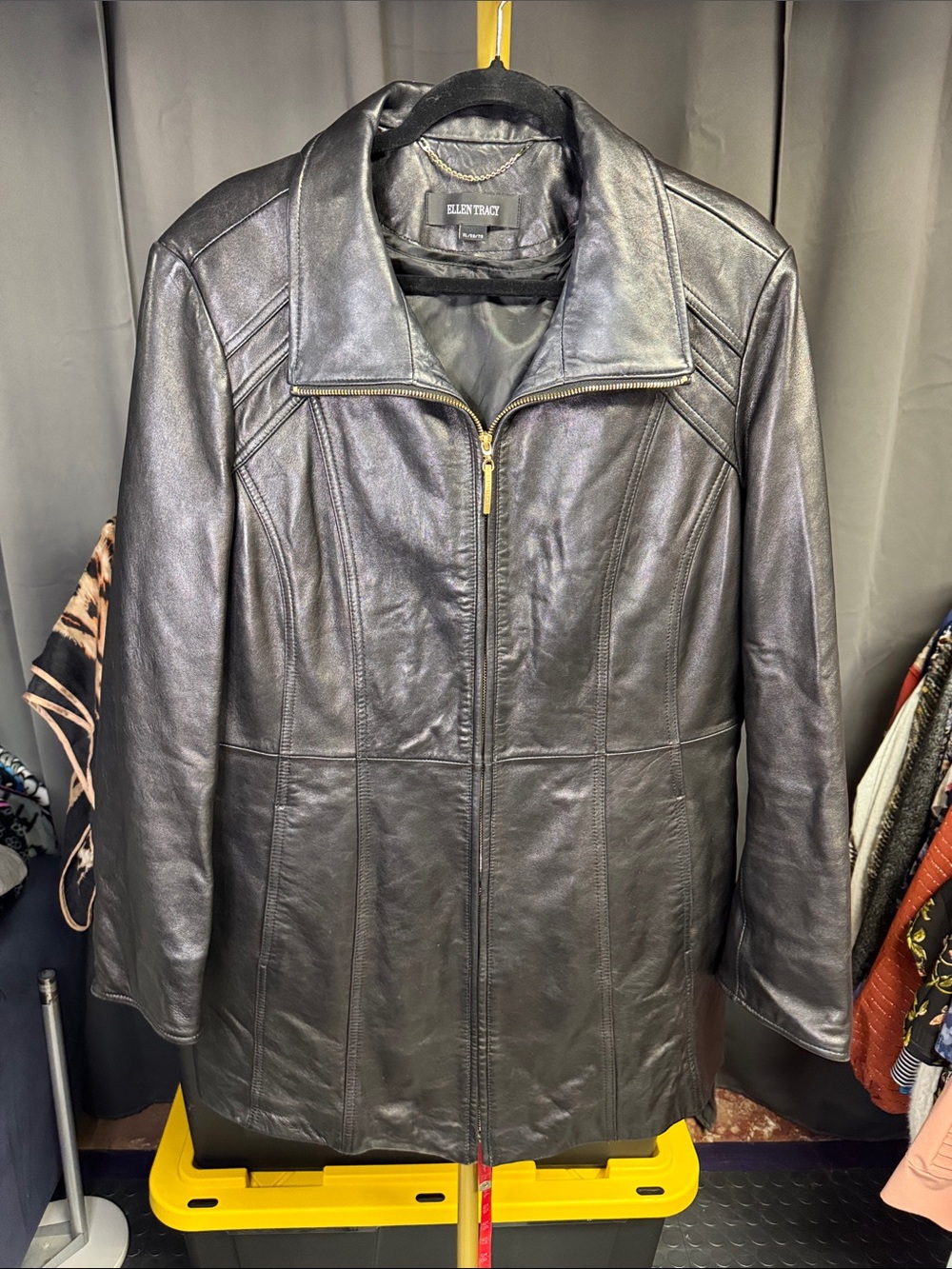 Ellen Tracy Black Leather Zip-Front Pea Coat